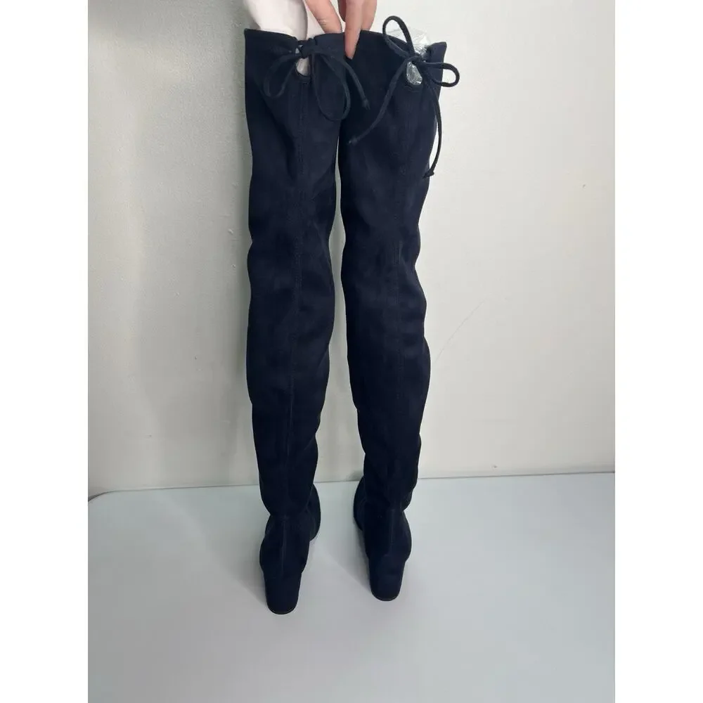 Stuart Weitzman Thigh-High Boots Heeled Navy Blue Suede Tie Women’s Size 5
